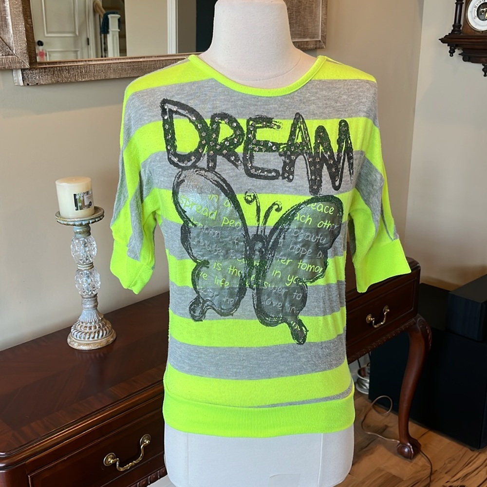 Beautees Butterfly Shirt Neon Yellow Gray Stripe Top Womens Medium